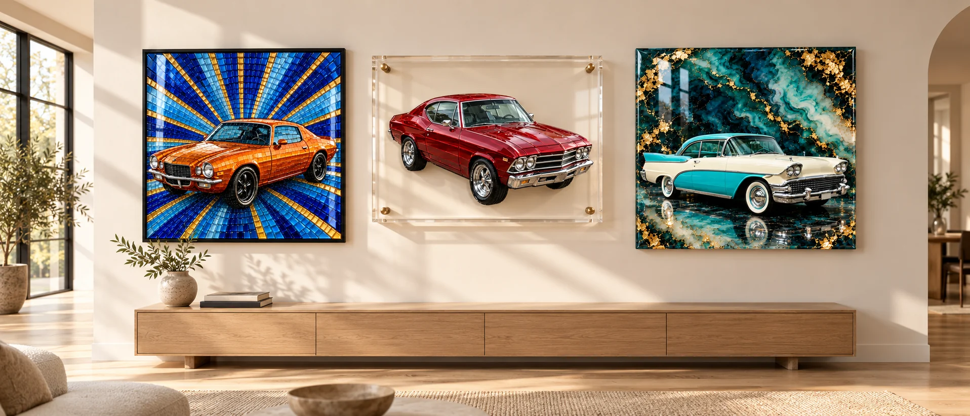 Three pieces in a row on a long white wall: an orange fastback in mosaic tiles, a red muscle coupe in cut glass in clear acrylic, and a tail-fin cruiser on a glossy resin panel