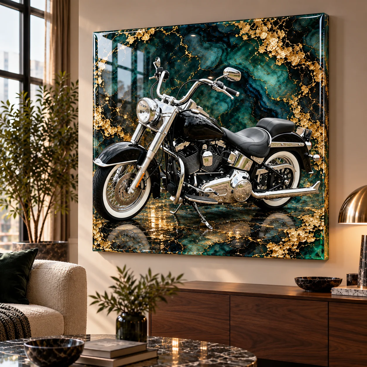A gloss-black cruiser motorcycle with chrome pipes, wide bars and whitewall tyres, on a glossy resin panel marbled in teal and flecked with gold leaf, hung on a living-room wall