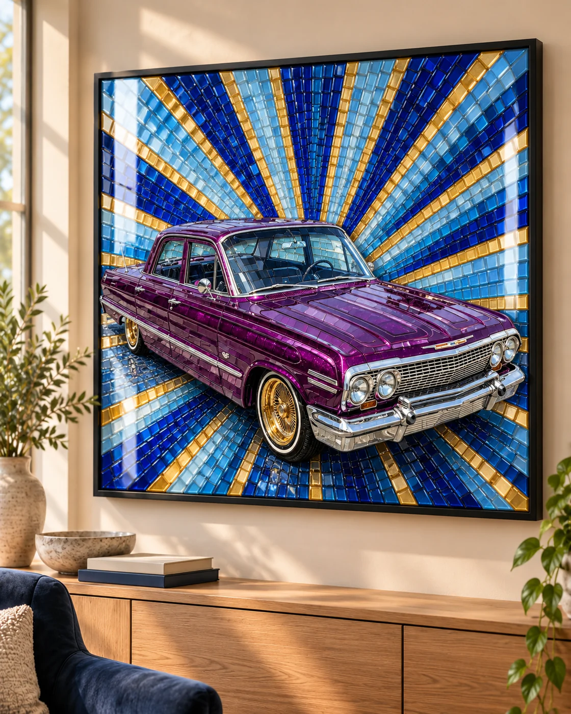 A purple '60s lowrider sedan on gold wire wheels in glossy mosaic tiles, its chrome trim picked out, on a blue and gold tiled sunburst in a thin black frame, on a cream wall above a wood sideboard