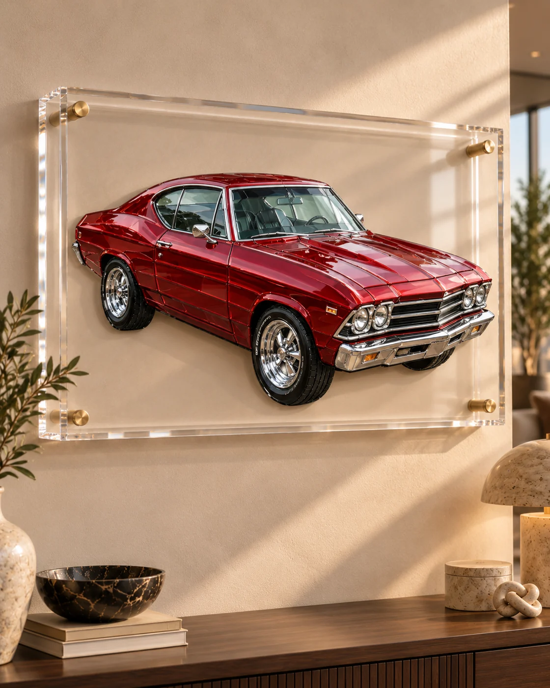 A deep red late-'60s muscle coupe sculpted in glossy cut glass, chrome bumper and five-spoke wheels picked out, inside a clear acrylic float frame on four brass-coloured standoffs above a walnut console