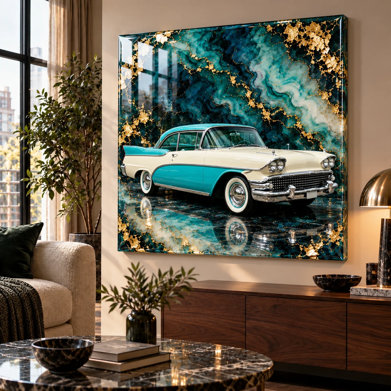 A cream and turquoise '50s tail-fin cruiser with whitewall tyres, reflected in a mirror-glossy resin panel marbled in teal and green and flecked with gold leaf, hung on a living-room wall