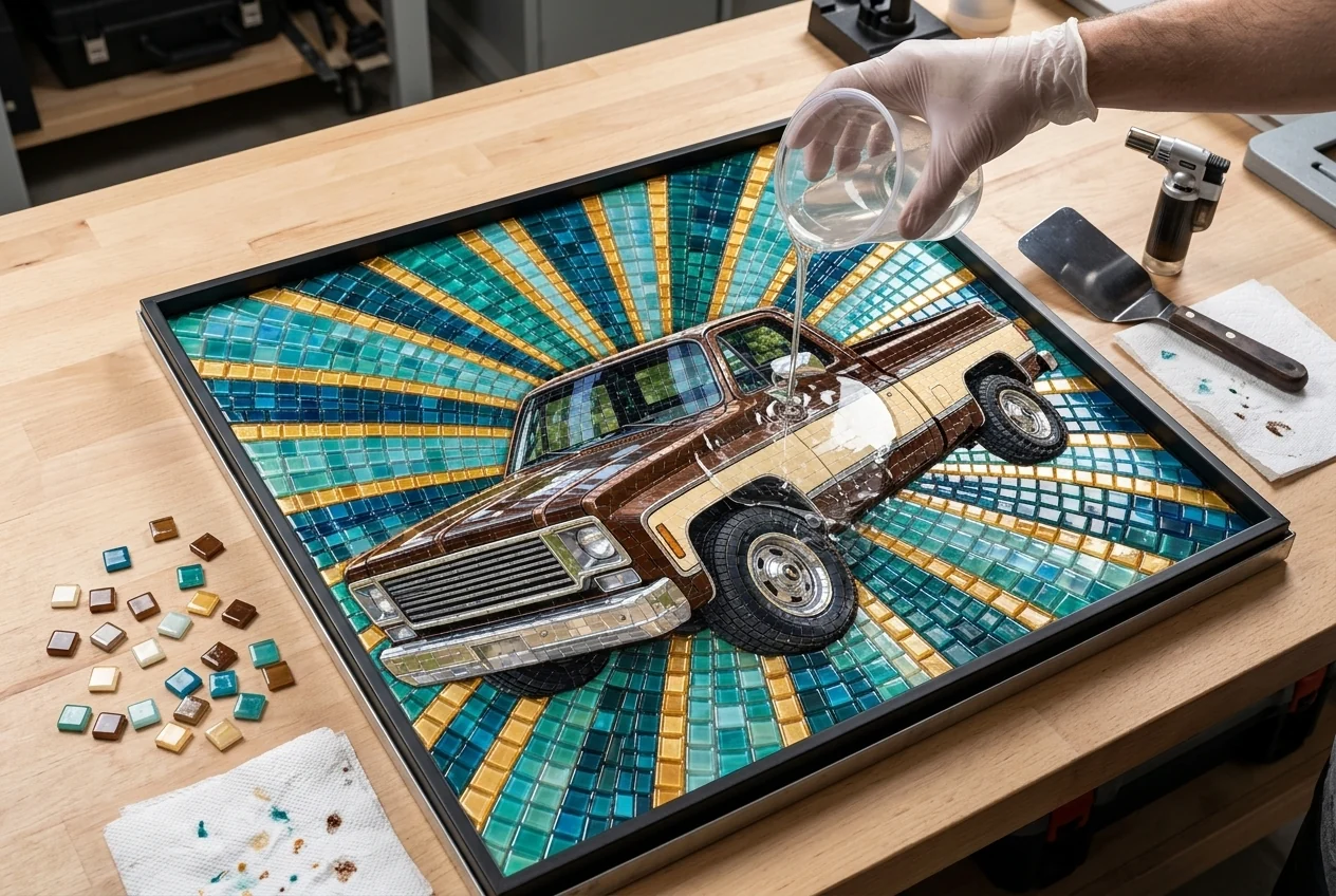 Clear resin being poured over a square-body pickup set in glossy mosaic tiles