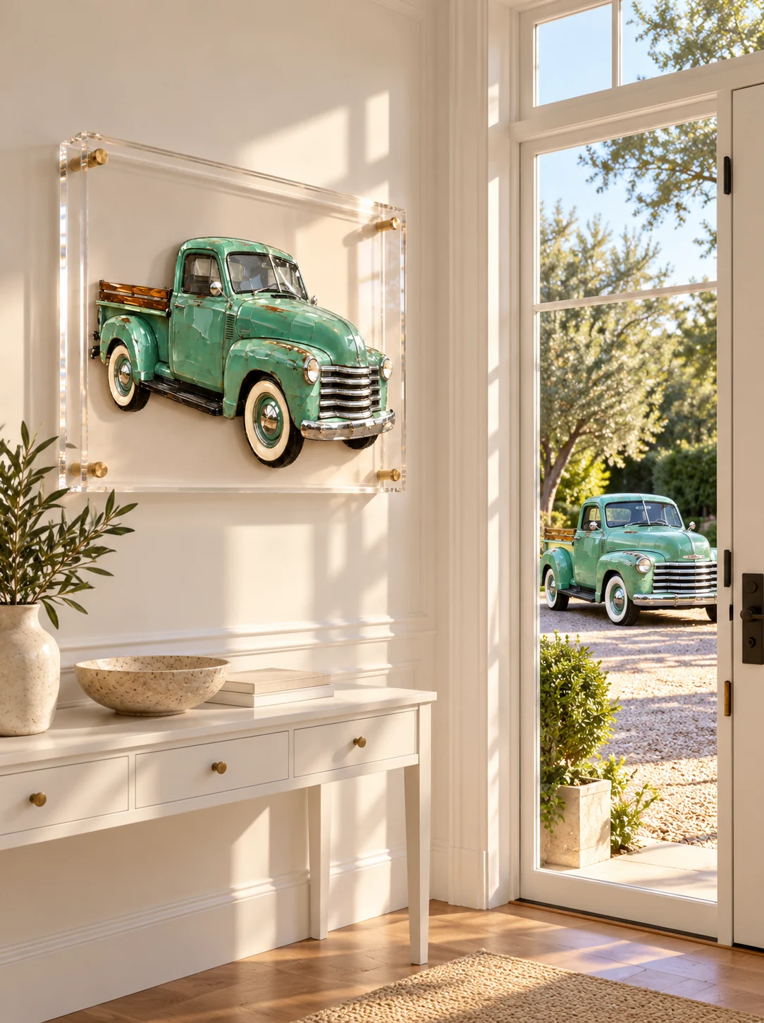 A sea-foam green '50s pickup in cut glass in clear acrylic on a white hallway wall, with the real pickup parked outside the open door