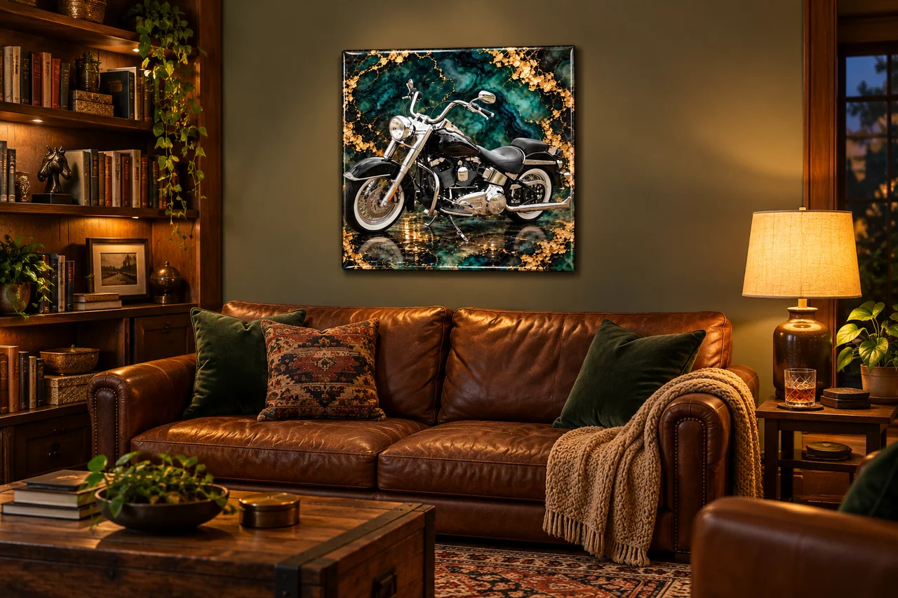 A black and chrome cruiser motorcycle on a glossy resin panel marbled in teal and gold leaf, hung on a green wall above a brown leather sofa in a den lined with bookshelves