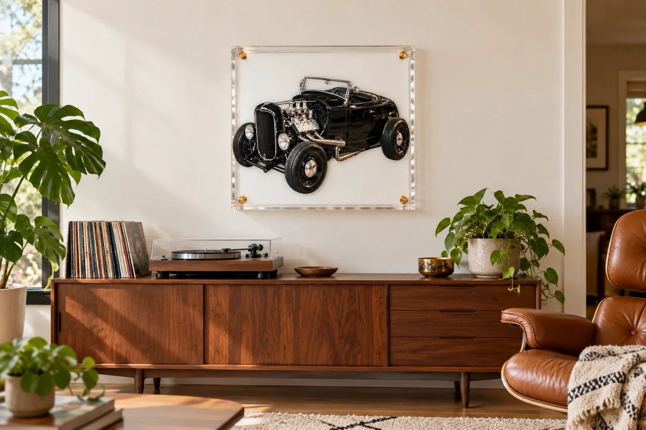 A black hot rod roadster in glossy cut glass inside a clear acrylic frame on brass standoffs, hung above a walnut sideboard with a record player and a row of records