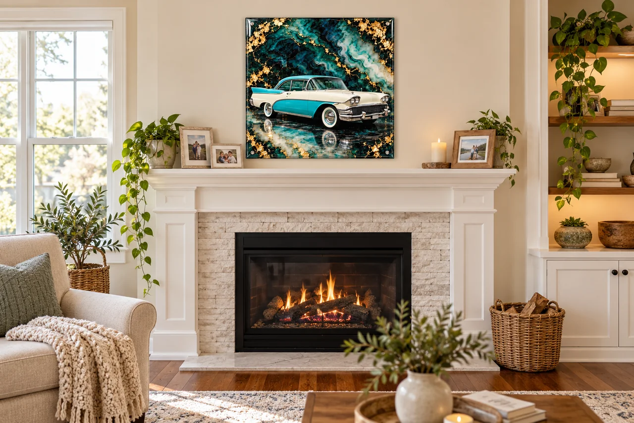 A cream and turquoise '50s tail-fin cruiser on a glossy resin panel marbled in teal and flecked with gold leaf, hung above a white fireplace in a sunny living room