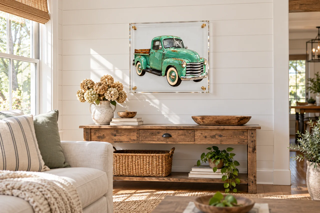 A sea-foam green '50s pickup in glossy cut glass inside a clear acrylic frame, hung on a white panelled wall above a rustic wooden console with dried hydrangeas