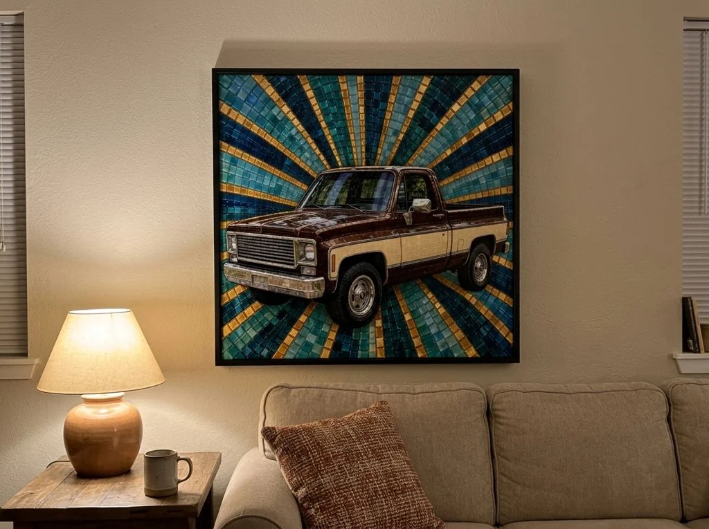 A brown and cream late-'70s square-body pickup in glossy mosaic tiles, hung in a living room