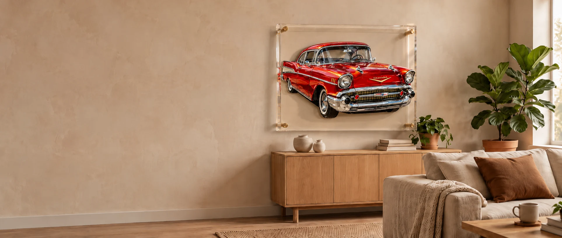 A red 1957 Chevrolet Bel Air sculpted in glossy cut glass, in a clear acrylic float frame on brass standoffs, on a warm plaster wall above a light oak sideboard with ceramic vases, books and a plant, beside a linen sofa and a fiddle-leaf fig