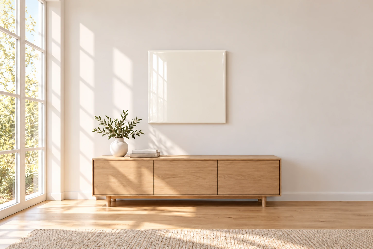 A calm white room with an empty Glitter Resin Art on the wall, waiting for your ride