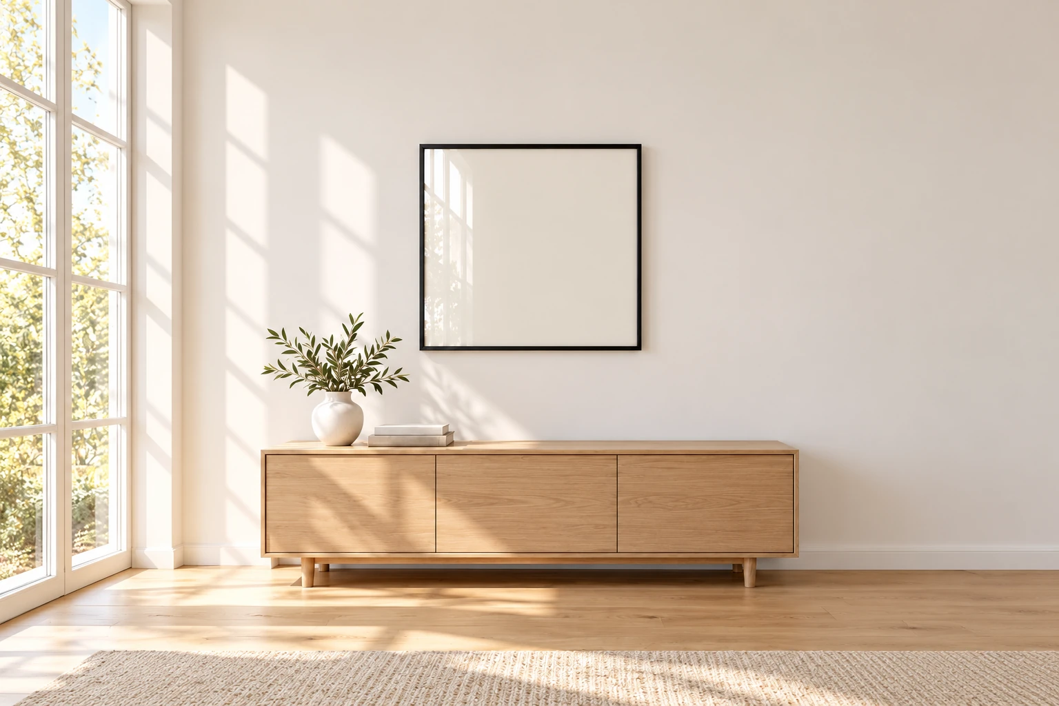 A calm white room with an empty Resin Mosaic Art on the wall, waiting for your ride
